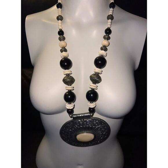 Iris Apfel & Bajalia Black-Cream & Silver Toned HUGE Pendant Statement Necklace